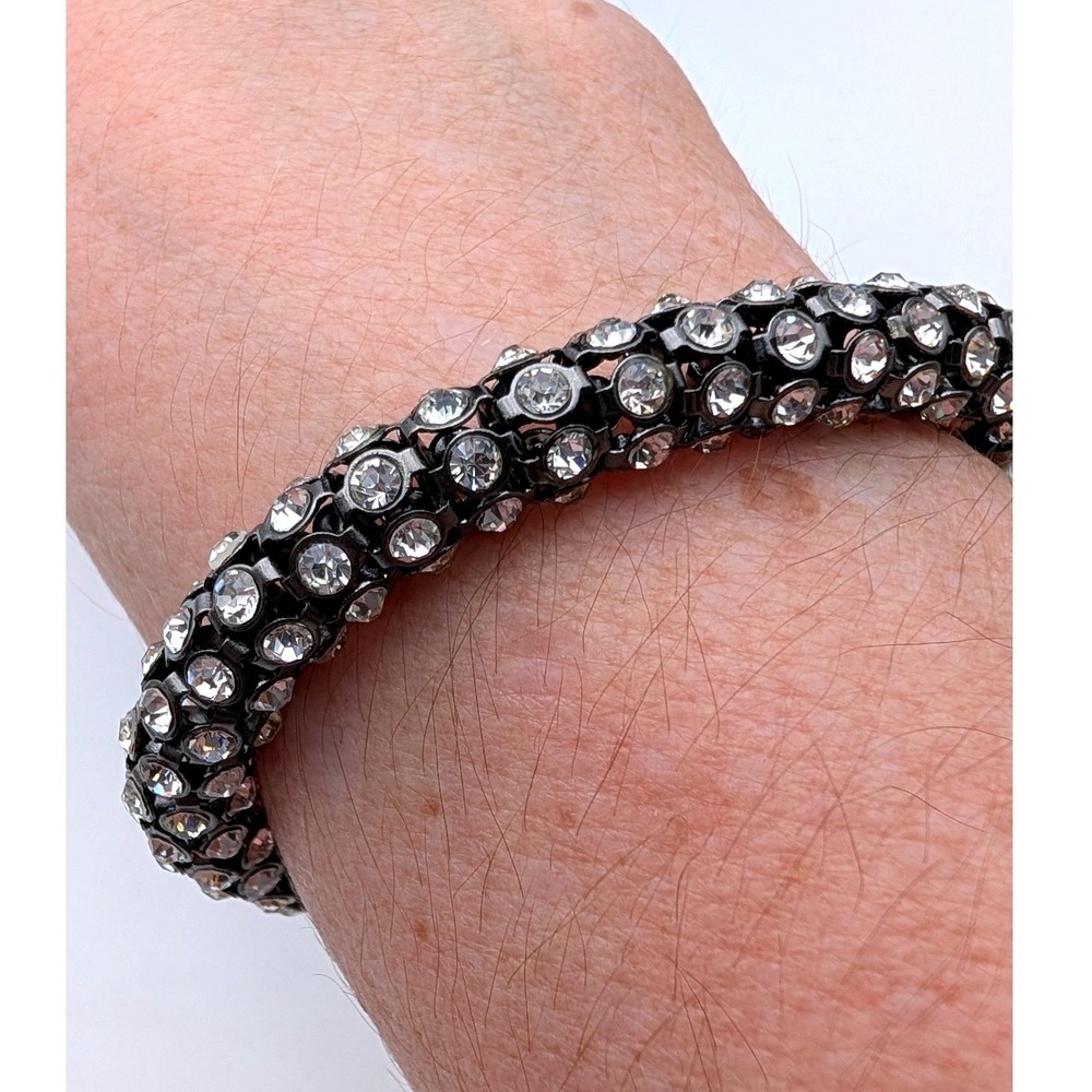 Anne Klein Gunmetal Crystal Toggle Bracelet Clear Rhinestone Mesh Logo Charm